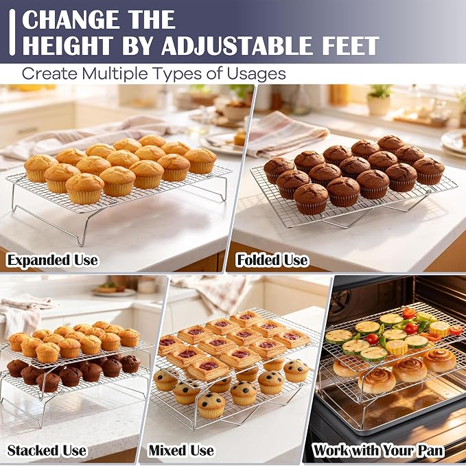 P&P CHEF 2 Tier Stackable Cooling Racks for Cooking and Baking, 15" x 10" | Stainless Steel Stackable Grid Cooling Rack for Cooling Roasting Grilling, Collapsible & Heavy Duty, Oven & Dishwasher Safe