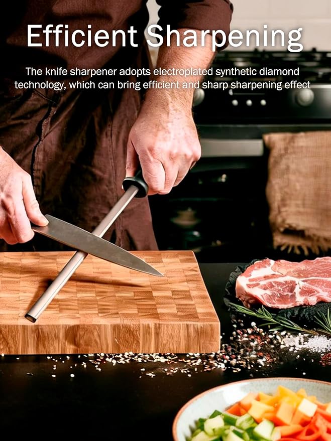 Knife Sharpener Rod, 8 Inch Diamond Sharpening Steel, Kitchen Honing Rod Knife Sharpening Tool for Home Kitchens and Restaurants