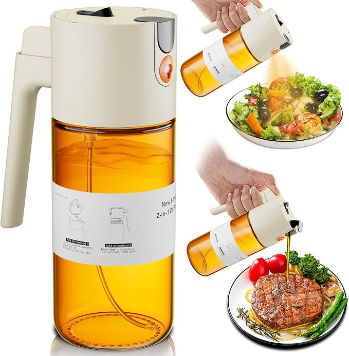 LAKUMIQI 2 in 1 Oil Sprayer for Cooking, 17oz | Light-Blocking Glass Spray Bottle with Stickers, Oil Dispenser for Salad, Air Fryer & BBQ