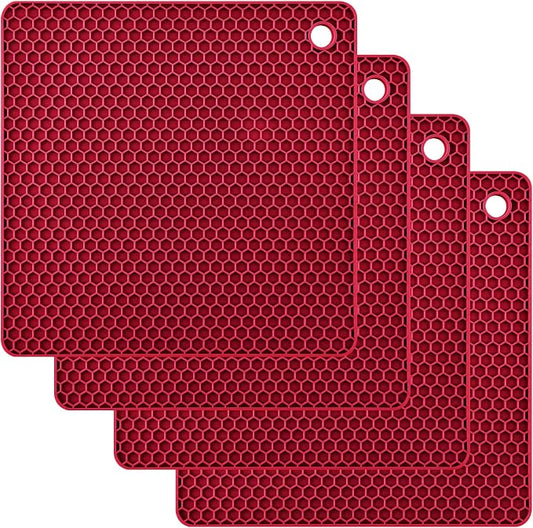 Silicone Trivets for Hot Dishes, Pots and Pans, Hot Pads for Kitchen, Merlot Red Silicone Pot Holders Mats for Kitchen Quartz Counter Heat Resistant Mat, Flexible Table Trivet Mat Set 4