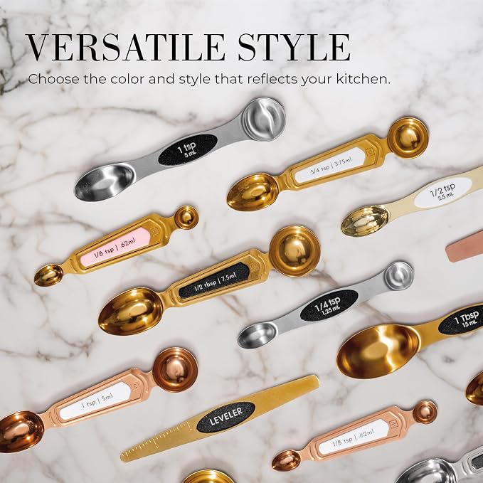 White and Gold Measuring Spoons with Leveler - Featuring 8PC Upgraded Style, Dual-Sided, Stackable, Stainless Magnetic Measuring Spoons Set - Fits in Spice Jars, White and Gold Kitchen Accessories