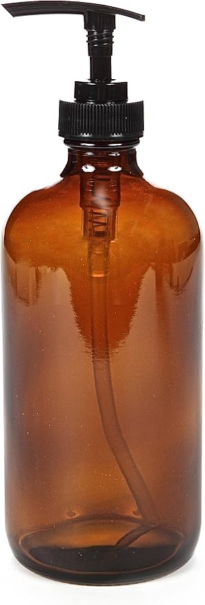 Vivaplex Large 16 oz Amber Glass Bottles with Black Lotion Pumps - 2 pk