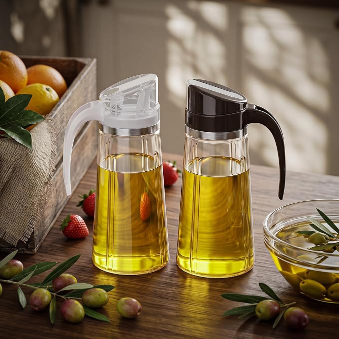 Marbrasse 20oz Glass Oil Dispenser Bottle with Auto Flip Cap, White + Brown | Auto Flip Cap for One-hand Use, Leakproof Design, for Olive Oil/Vinegar/Cooking Oil, Kitchen Essential