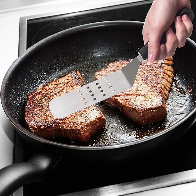 HIC Kitchen Perforated Burger Turner with Soft Grip Handle, Stainless Steel