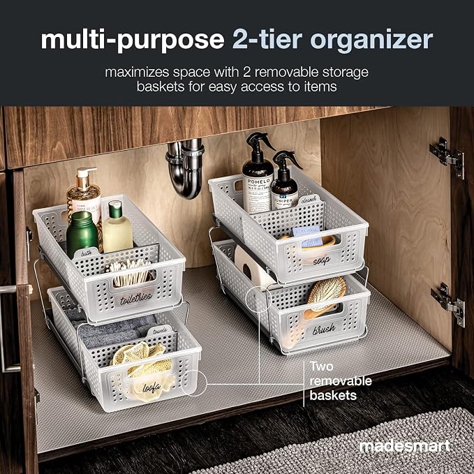 madesmart Two Tier Organizer with Dividers, Frost | pull out bins, tiered access, cleaning supplies, under sink use, pantry bottles, woman owned
