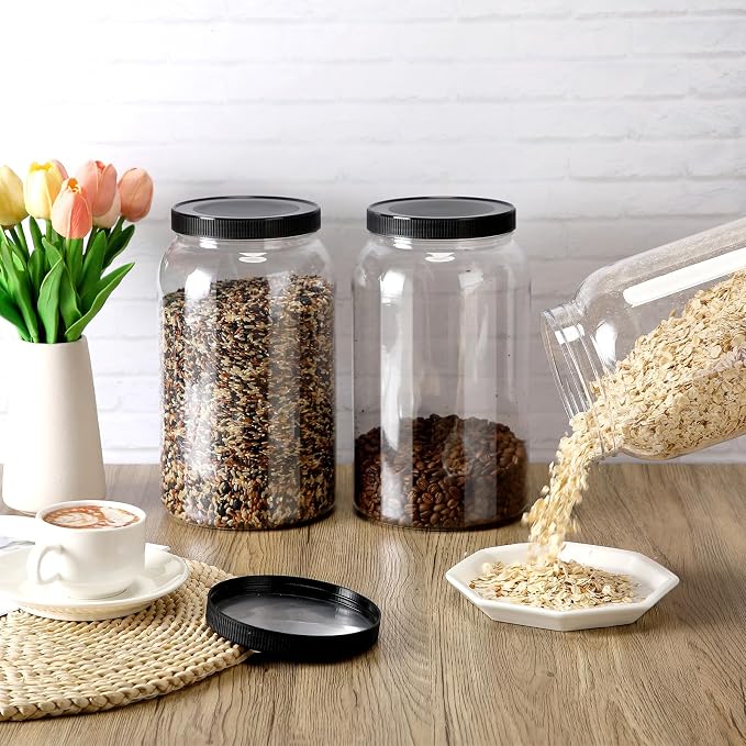 8 Pcs 1 Gallon Clear Plastic Jars Airtight Pantry Large Mouth Jars Plastic Jug Cylinder Containers with Lids for Candy Butter Honey Sugar Cookies Arts Crafts Bartender Kitchen (Black Lids)