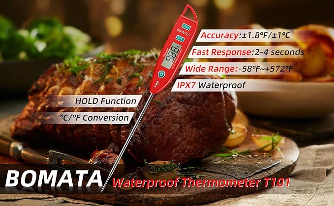 BOMATA Waterproof IPX7 Thermometer for Water, Liquid, Candle and Cooking. Instant Read Food Thermometer with Long Probe for Cooking, Meat, BBQ! T101 (Red Color)………
