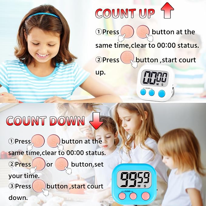 Timer for Kids Teachers Digital Kitchen Timers for Cooking Large Magnetic Classroom Timer 24Pack-Blue White
