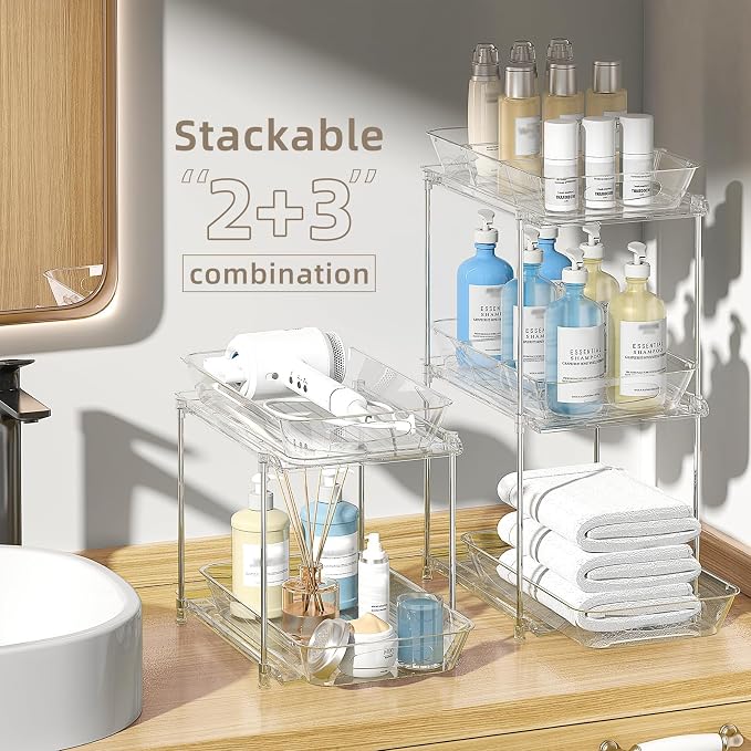 2-Pack 2-Tier Under Sink Organizer with Pull Out Drawers | Multi-use kitchen & bathroom storage. Includes hanging hooks and cups. transparent, space-saving cabinet design. 12.8 Inch