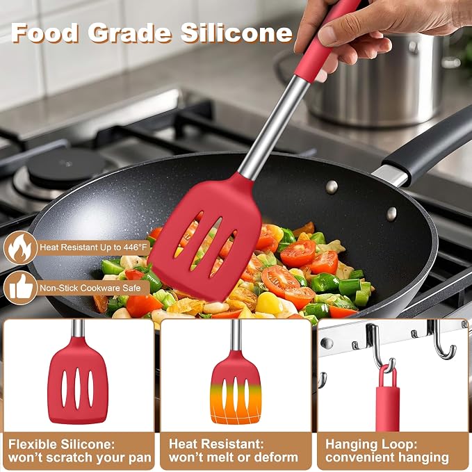 LIANYU Kitchen Cooking Utensils Set, Silicone Cooking Utensils Set of 6, Heat Resistant Kitchen Spatula Gadgets Tools for Nonstick Cookware, Stainless Steel Handle, Dishwasher Safe, Red