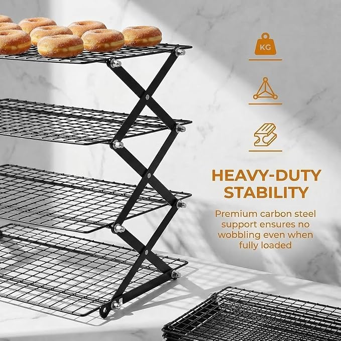 Collapsible Cooling Rack, Adjustable Stainless Steel Drying Rack (FOLD-4-TIER) | X-Shaped Structure Wire Cooling Rack for Baking, Cookies, Cake, Fruit, Bread,Roasting, Grilling, Drying Rack, Dishwasher Safe