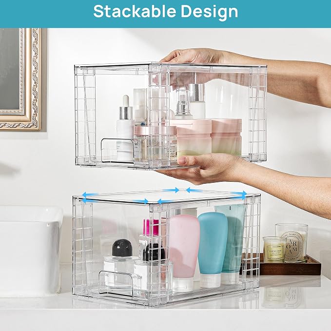 Vtopmart 6 Pack Large Stackable Storage Drawers | Easily Assemble Acrylic, Bathroom Closet Undersink Organizers, Plastic Bins for Kitchen Cabinets, Pantry, Makeup, Medicine