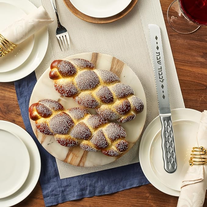 Rite Lite Stainless Steel Challah Knife | Shabbat Table Bread Knife Hallah Serrated Sharp Slicing with Hebrew Blessing Long 13" Shabbos Jewish Home Gifts Sabbath Judaica Kosher Kitchen (Diamonds)
