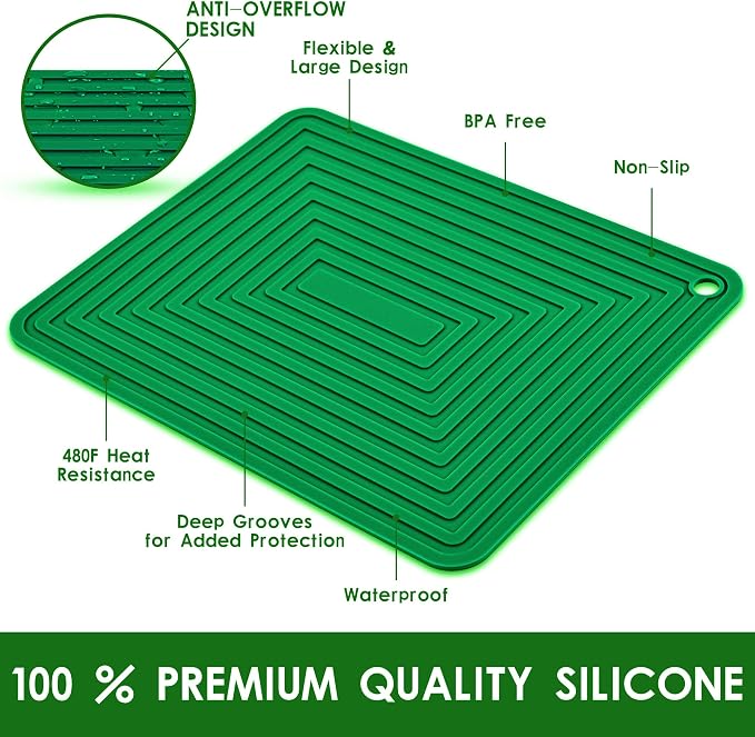 Silicone Trivets for Dishes, Pots & Pans, Green Hot Pads for Kitchen, Heat Resistant Mat for Counter&Table, Multi Use Trivet Mat, Non Slip Silicone Pot Holders, Flexible Hot Pad Set 2