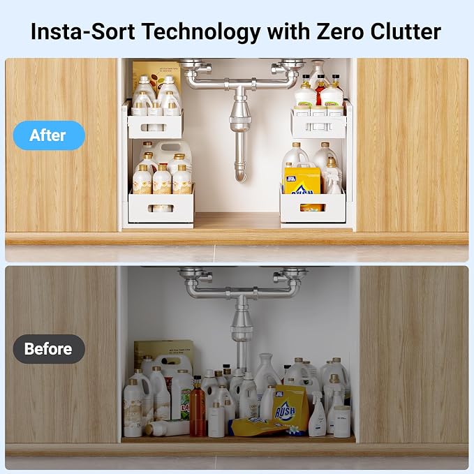 TISTAYA Pull-Out Under Kitchen Sink Organizer, Metal Functional Under Sink Organizer, Height Adjustable Under Bathroom Sink Organizer, Under Sink Storage for Kitchen Bathroom Cabinet (White)