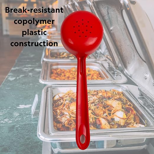 Rite-Size 10 oz. Perforated Round Circle Server Portion Utensil, Copolymer Plastic Heat Resistant Professional Cooking Tool, Red