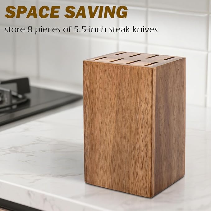 8 Slots Steak Knife Block Holder, 5.5" Wooden Small Knife Block without Knives,Compact and Space Saving Storage Knife Holder for Counter Top (Brown-1)