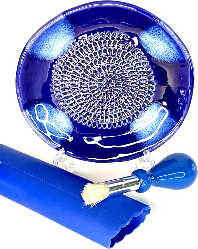 BonCera, All-in-one Premium Ceramic Garlic Grater Plate 4-Piece Set - Blue Cross Glazed Design and Style - For Garlic, Ginger, Chocolate, and more! - Comes with 5.25" Plate, Peeler, Brush, and Stand