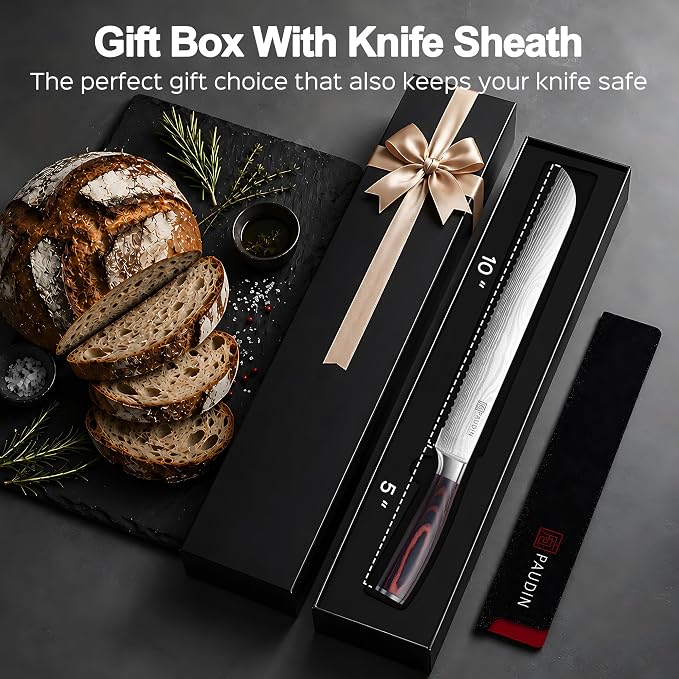 PAUDIN Bread Knife, 10 inch Serrated Knife, German Stainless Steel Bread Knife for Homemade Bread, Razor Sharp Edge for Efficient Slicing Sourdough Bread, Bagels, Cake