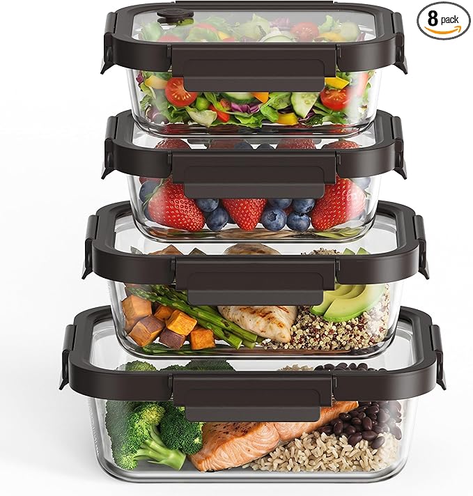 Glass Meal Prep Containers with Glass Lids, 4 Pack Airtight Glass Food Storage Containers, Borosilicate Glass Lunch Containers for Healthy Meal Prep, Microwave Oven Dishwasher Safe, BPA Free