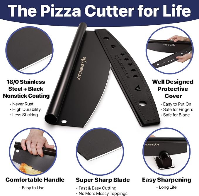 16-Inch Pizza Cutter Rocker Blade, 304 Stainless Steel Slicer Knife, Black | Protective cover included, one-piece design, food-grade stainless steel, suitable for large pizzas