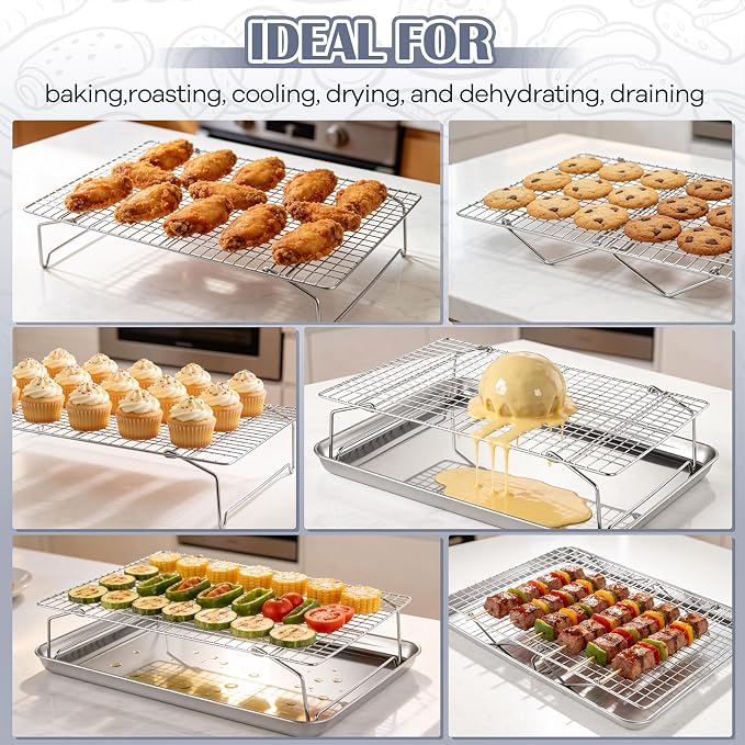 P&P CHEF 2 Tier Stackable Cooling Racks for Cooking and Baking, 15" x 10" | Stainless Steel Stackable Grid Cooling Rack for Cooling Roasting Grilling, Collapsible & Heavy Duty, Oven & Dishwasher Safe