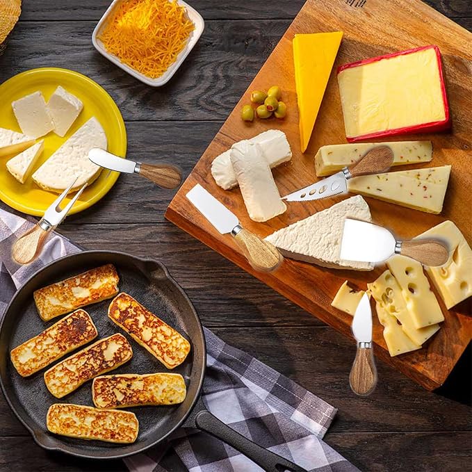 Premium 6-Piece Cheese Knife Set - Acacia Wood Handle Stainless Steel Cheese Knives for Charcuterie Board
