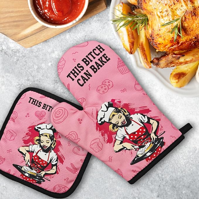 Funny Oven Mitts and Pot Holders（Set of 2） This Can Bake Heat Resistant Mitts Retro Silicone Non-Slip Oven Mitts Kitchen Gift for Men Women Great Birthday Gift for Bake Lover Chef Mom