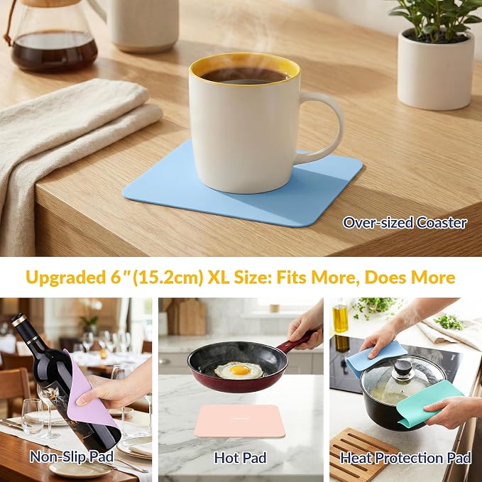 NiHome Silicone Jar Opener Gripper Pads, 6 In for Seniors, Macaron, 4PC | Textured Back for Superior Grip on Stubborn Lids, BPA-Free Food-Grade, Heat Resistant, Dishwasher Safe, Rounded Square