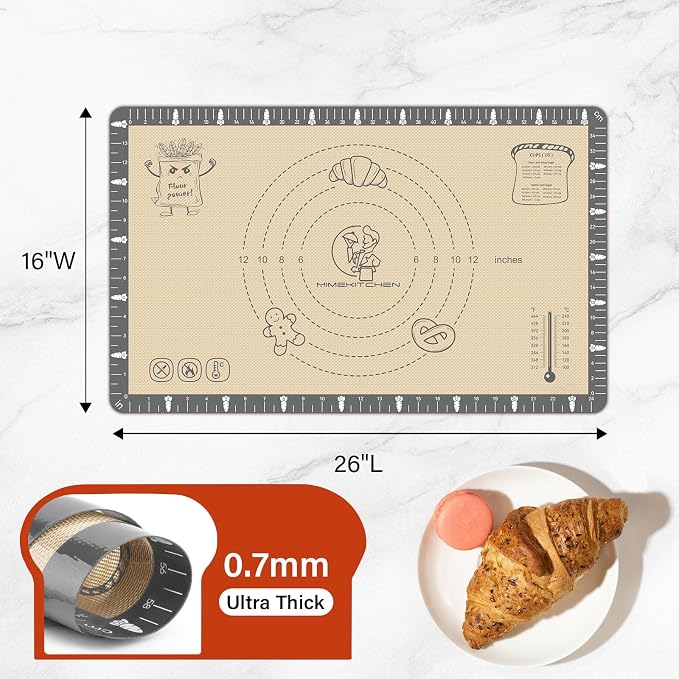 Silicone Mat for Baking Macaron, Bread, Pizza, Extra Thick Silicone Baking Mat with Measurement, Non Stick Pastry Mat for Dough Rolling Out, Heat Resistant to 480°F for Baker