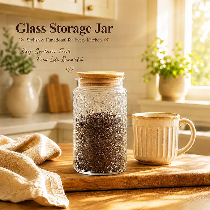 Glass Storage Jars With Airtight Lid, 35oz Canister For Kitchen Counter with Bamboo Lid, brown sugar, candy, coffee, cookie, salt, tea,pantry cute Jar (35oz Large Begonia Flowers)