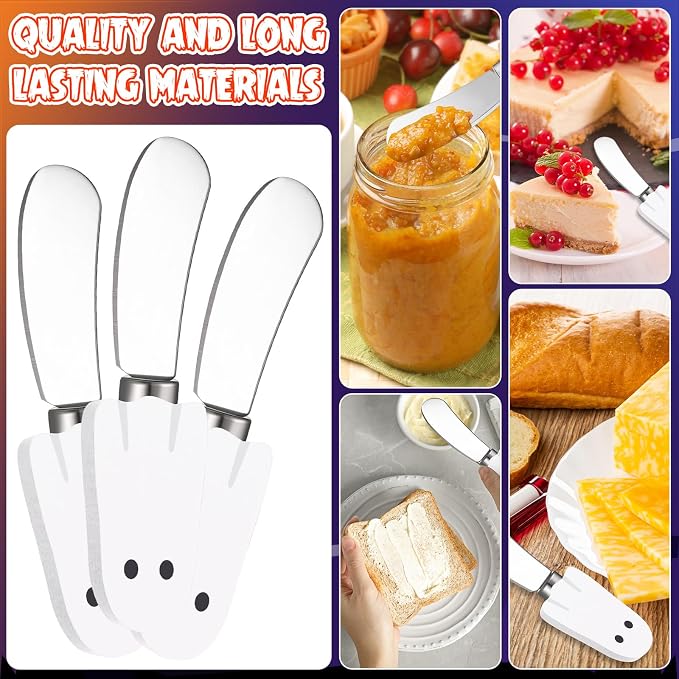 Sieral 10 Pcs Halloween Cheese and Butter Spreader Knives Ghost Cheese Spreader Butter Knives Multipurpose Halloween Decor with Hand Painted Wooden Handle Stainless Steel Blade