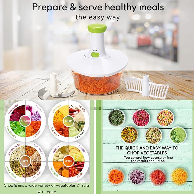 Brieftons Express Manual Food Chopper, 6.8-Cup Hand Pump Vegetable Chopper to Chop Veggies Onion Garlic Herbs, Tear-Free Onion Chopper & Salsa Maker for Camping RV Home, 3-Leaf Stainless Steel Blade