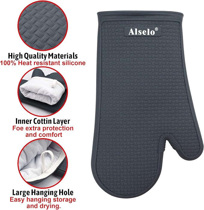 Alselo Oven Mitts Heat Resistant Silicone Kitchen Gloves for 550 Degrees with Waterproof and Non-Silp, Set of 2 Oven Gloves for Baking Cooking Barbecue Microwave Machine Washable (Grey, 2)