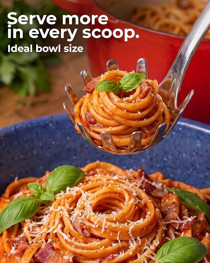 Zulay Kitchen Stainless Steel Pasta Spoon - 12” Spaghetti Server with Teeth & Draining Holes - Rust-Resistant Pasta Fork for Noodles & Pasta - Dishwasher Safe Utensil for Everyday Use