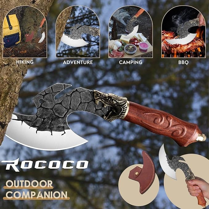 ROCOCO Viking Cleaver Knife Birthday - Kitchen Axe & Sheath Father Gift Men | Hand Forged High Carbon Steel Butcher Meat Cutting Boning Knife for Home Outdoor BBQ Camping Chirstmas Mother