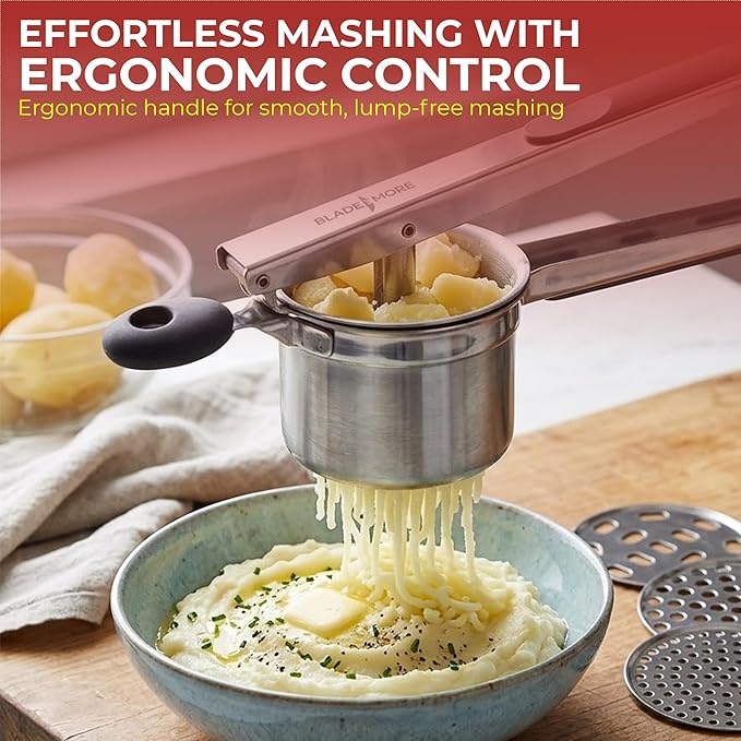 Large Potato Ricer – 304 Stainless Steel Masher & Press with 3 Discs, Reinforced 0.7mm Thick Cup, Ergonomic Silicone Grip, for Smooth & Fluffy Mashed Potatoes