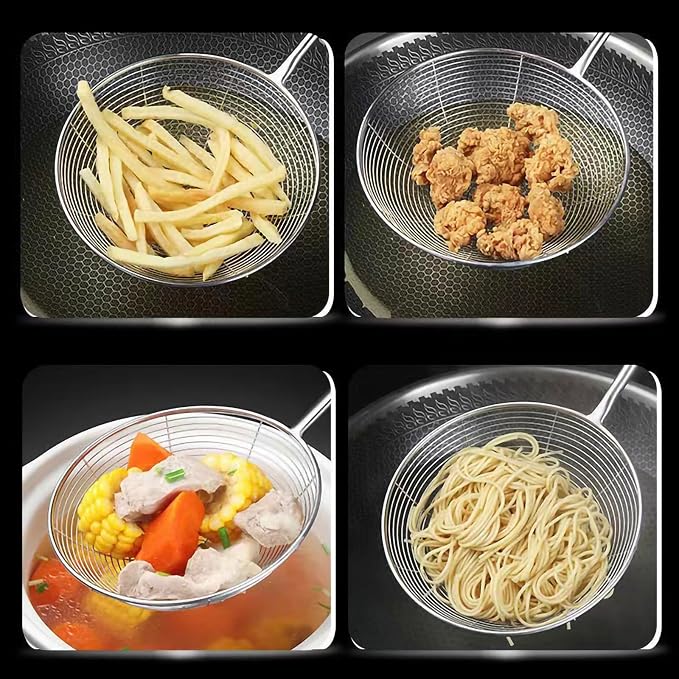 Spider Strainer Skimmer Spoon - 5.4 Inch Stainless Steel Mesh & Wooden Handle - for Deep Frying, Pasta, Stir Fry, Hot Pot, Tempura - Easy Drain Kitchen Utensil