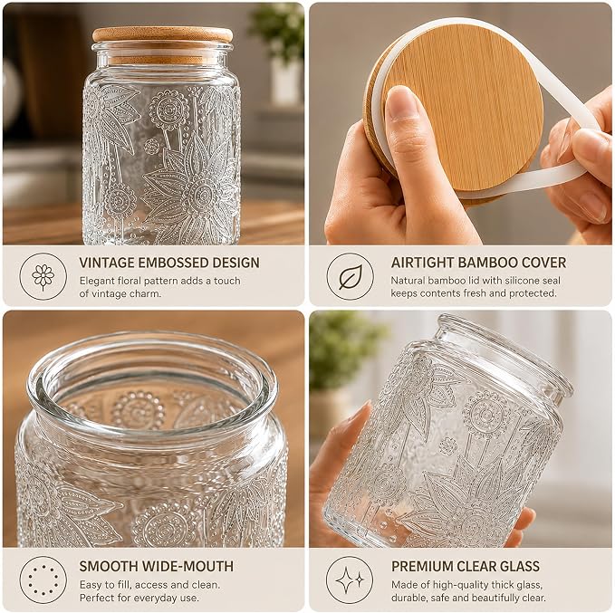 Vintage Glass Jars With Lids, 23.7oz Airtight Food Storage Containers,Kitchen Canisters For Sugar, Coffee, Tea, Spice, Flour, Candy Cookie, Pasta, Cereal, Cute Decorative Jars(Sunflower*1)
