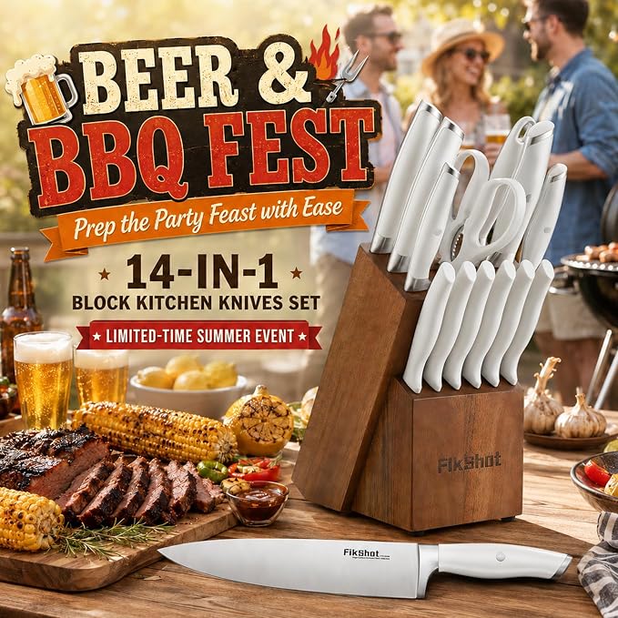 Fikshot 14-Piece Knife Set – German High Carbon Stainless Steel, Professional Chef Knives with Block & Sharpener, Elegant White, Dishwasher-Safe, Modern Kitchens, Ideal Gift for Chef & Father's Day
