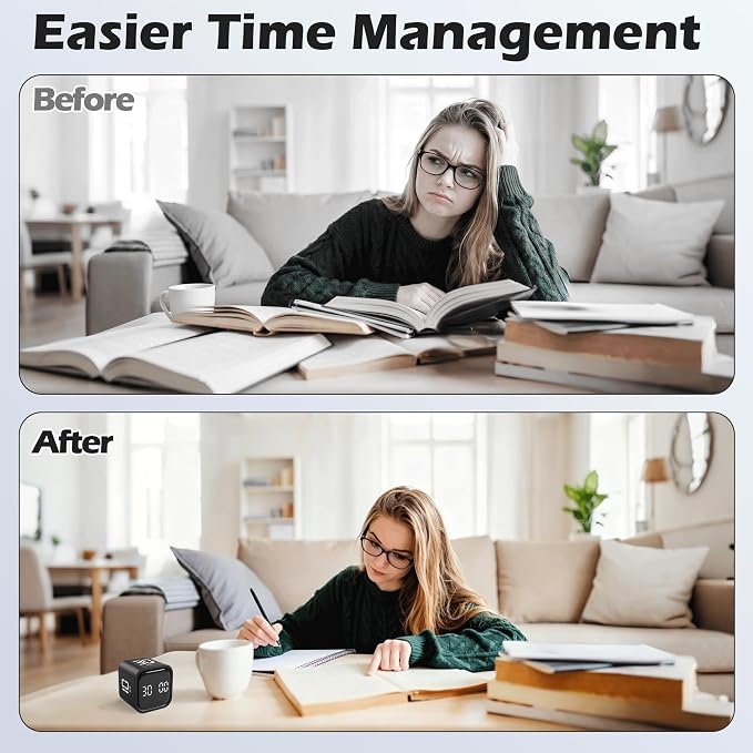 Pomodoro Timer Cube, Productivity Visual Timer Flip, 5/10/30/60 Min Preset Custom Countdown, ADHD Tool Rotating Countdown Stopwatch, Vibrate/High/Low Volume, for Study, Work, Game, Kitchen-Black
