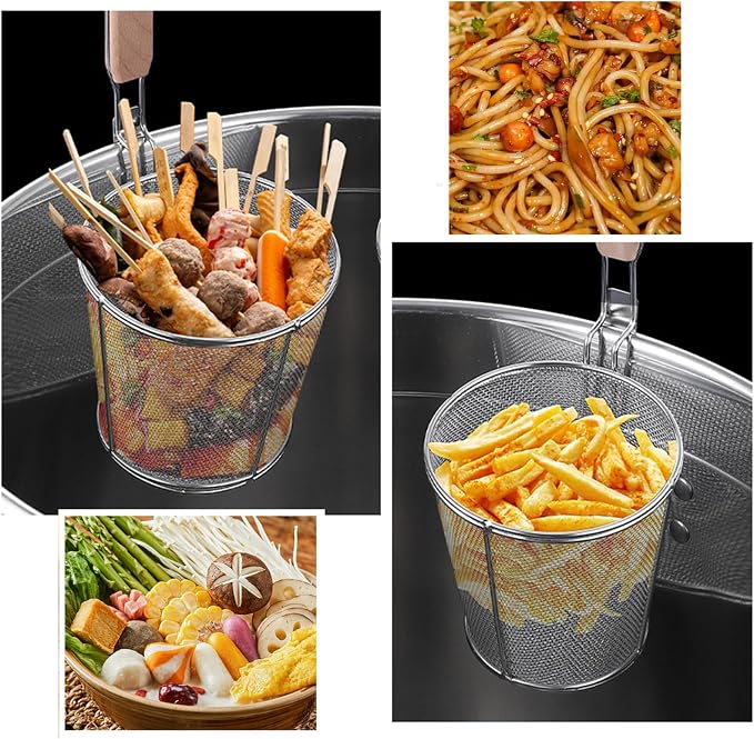 Tenta Kitchen Miracle Noodle Angel Hair Pasta Noodle Blanching Basket, Barilla Thin Spaghetti Pasta Deep Strainer Skimmer with Wooden Handle (5.51Inch/14cm)