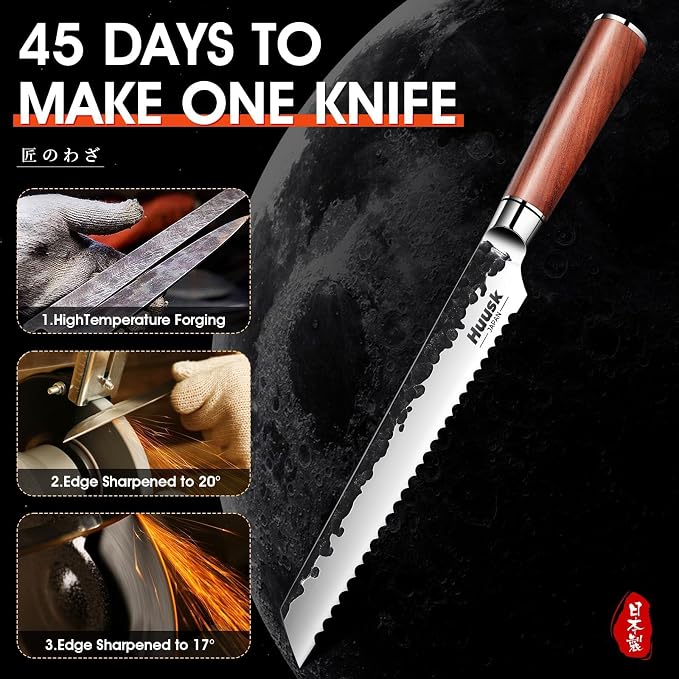 Huusk Serrated Bread Knife 8 inch, Upgraded Carbon Steel Japanese Bread Knife, Breads Slicing Knives for Cutting Homemade Breads, Bagel and Sourdough with Gift Box, Gift Idea for Men & Women