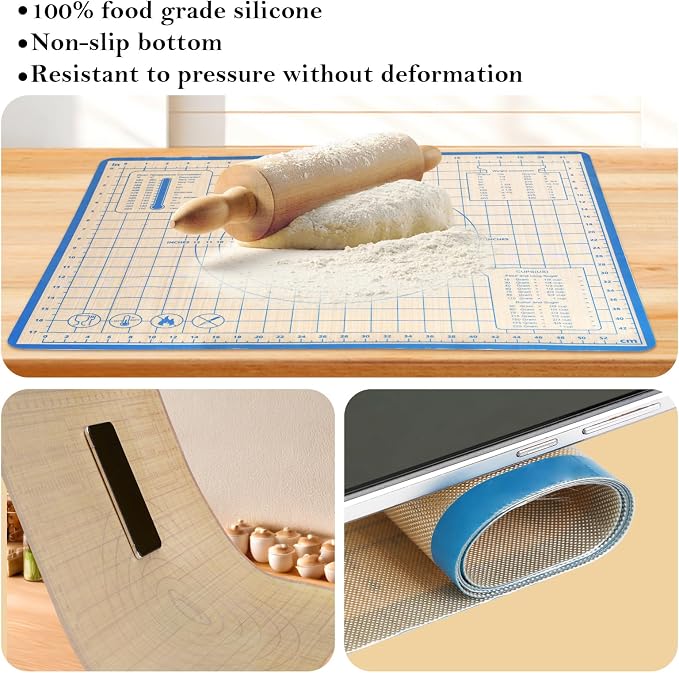 Silicone Baking Mat Set, 28x20 & 16x12 Inch, Blue (2 Pack) | Food-grade silicone; non-stick, non-slip; pastry dough kneading; printed measurement guides