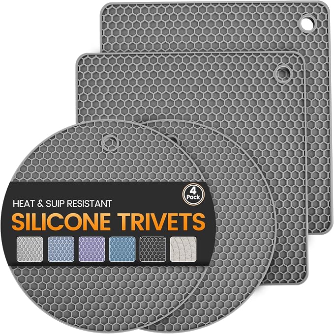 Silicone Trivet Mats 4 Heat Resistant Pot Holders Multipurpose Non-Slip Hot Pads for Kitchen Potholders, Drying mat, Jar Opener, Spoon Holder, Coaster(Dark Grey)
