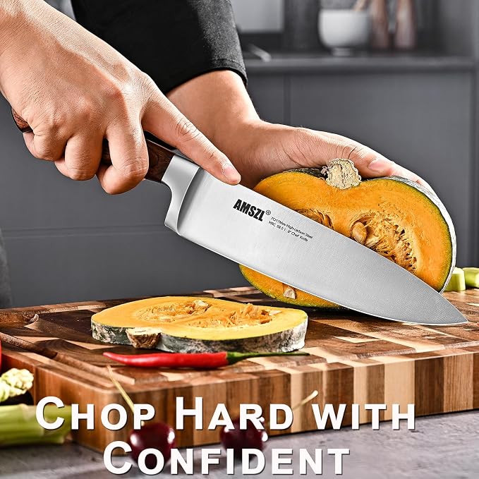 8 Inch Chef Knife German 7Cr17MoV Carbon Steel Full Tang Pakkawood | German 7Cr17MoV steel + full tang construction + 15° razor edge + ergonomic pakkawood handle. For slicing, dicing, chopping
