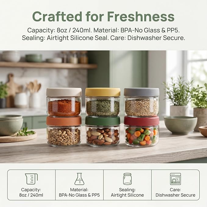 8 oz Small Glass Containers with Lids, Food Storage Jars, 6pk | Perfect for Chia Pudding Jam Snacks Yogurt Overnight Oats Candy ,Dishwasher safe,Airtight