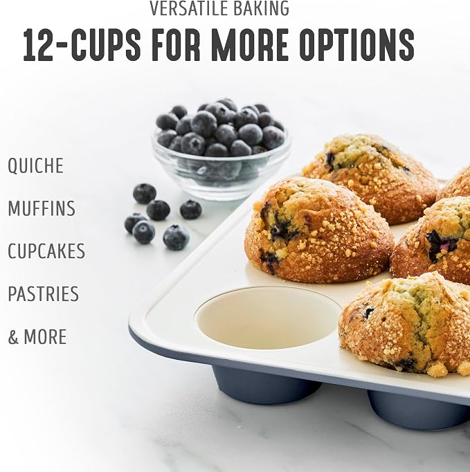 GreenLife 12 Cup Ceramic Nonstick Muffin Pan, Black | 11.4" x 1.9" x 15.9", PFAS-Free Nonstick, Cupcake Tin, Easy Release, Even Heating, Wipe Clean, Heavy Duty, Warp Resistant