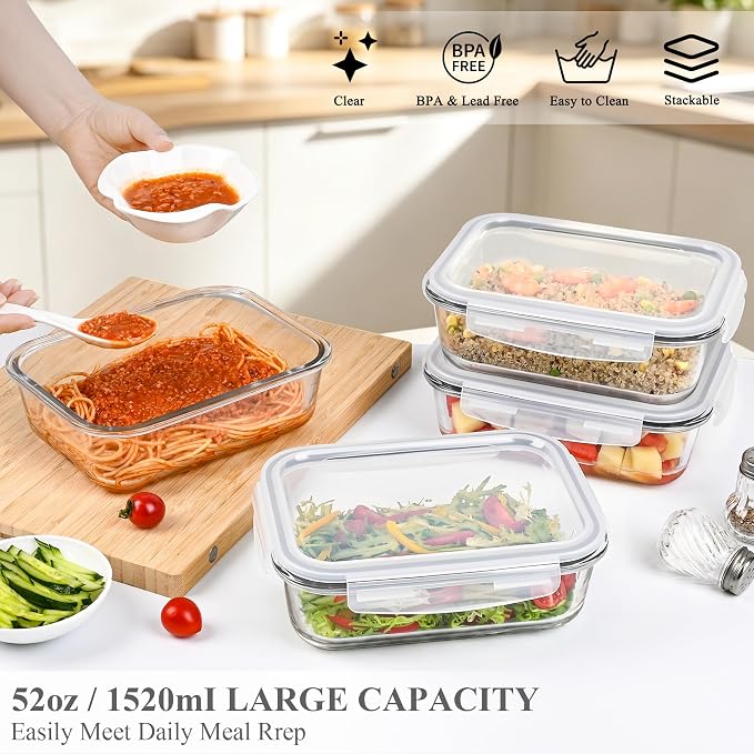 GEHE 4 Pack 52 oz Large Glass Food Storage Containers with Lids - Glass Meal Prep Containers For Baking, Storing, Airtight Lunch Container, Freezer, Dishwasher, Microwave and Oven Safe, BPA Free