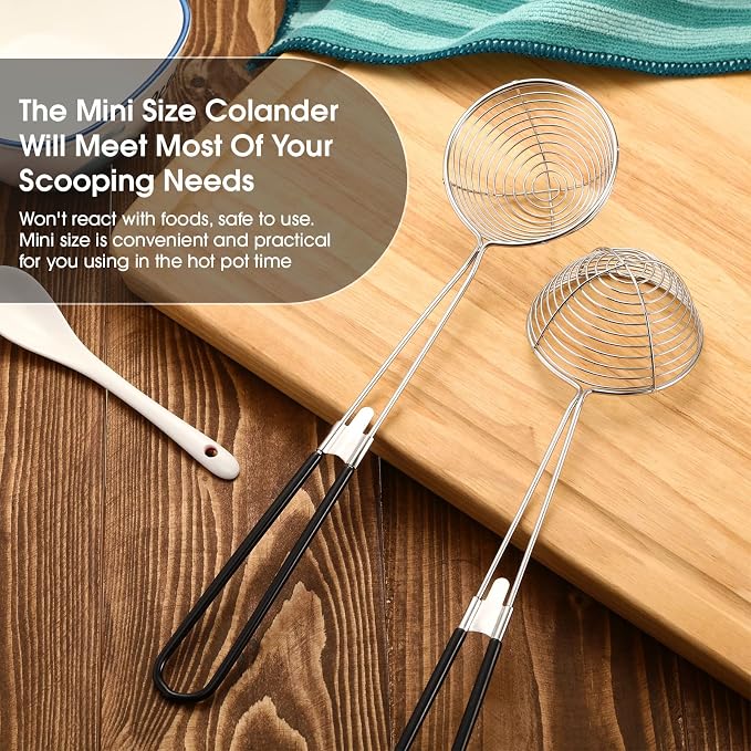Geiserailie 12 Pieces Hot Pot Kit Strainer Scoops Stainless Steel 2.5 Inch Mini Spider Strainer Skimmer Pasta Mesh Spoon Asian Skimmer Spoon Ladle with Handle for Home (Black)